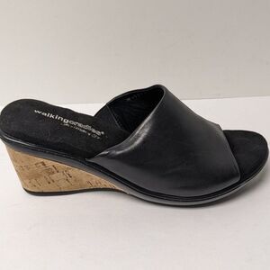 Walking Cradles Lynn Wedge Sandal Mules, Black Leather, Cork trim, Sz 9W